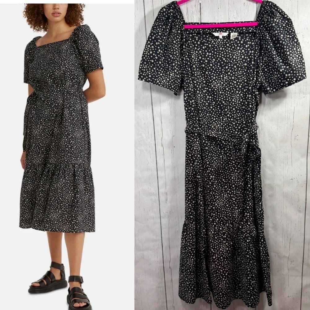 Levi’s Floral Puff Sleeve Midi Dress M Black White Cottagecore Prairie Cotton